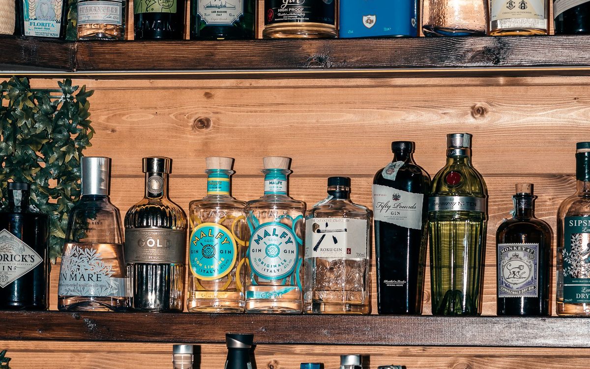 Shelves of bottles in a bar